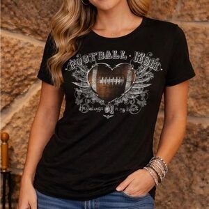 ATX Women’s Size M Football Mom Black Graphic T-Shirt Heart Wings Rhinestone